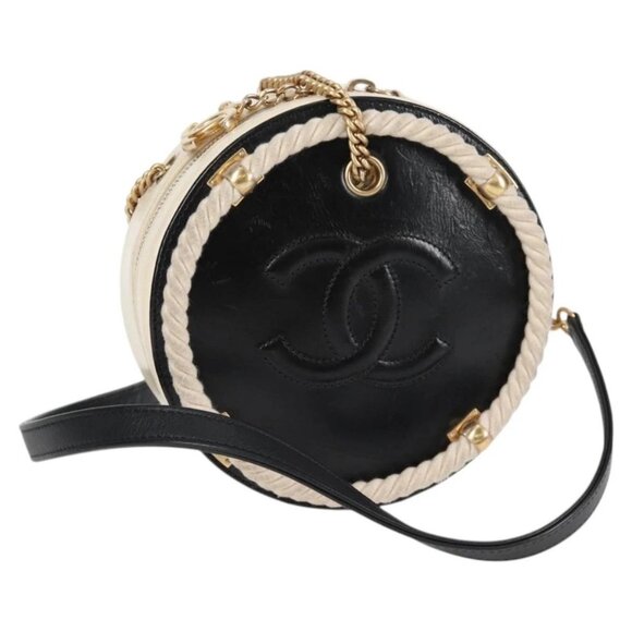 CHANEL Matelasse COCO Mark Chain Round Rope Bag Leather Black CC Auth bs25005A - Picture 1 of 16